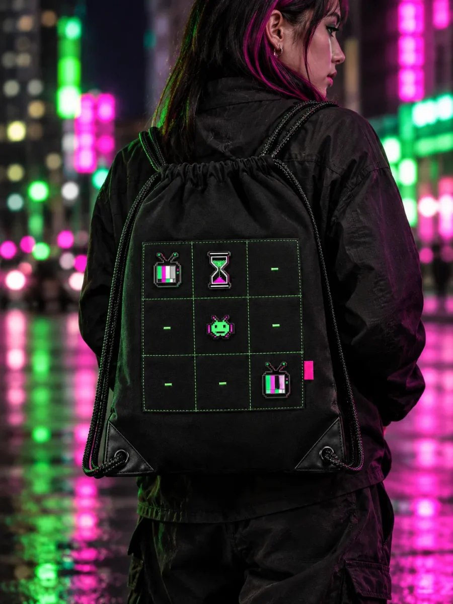 Grid Drawstring Bag worn or in use