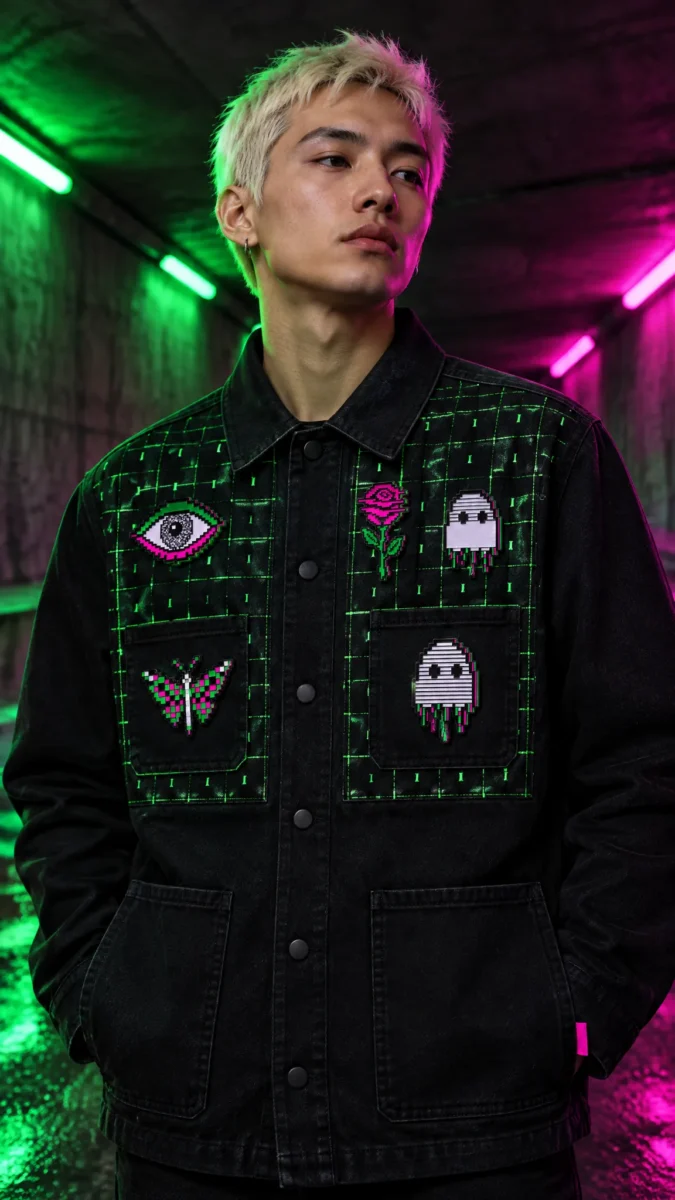 Grid Chore Jacket, getragen mit Pins