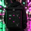Roll-top Grid Backpack worn or in use
