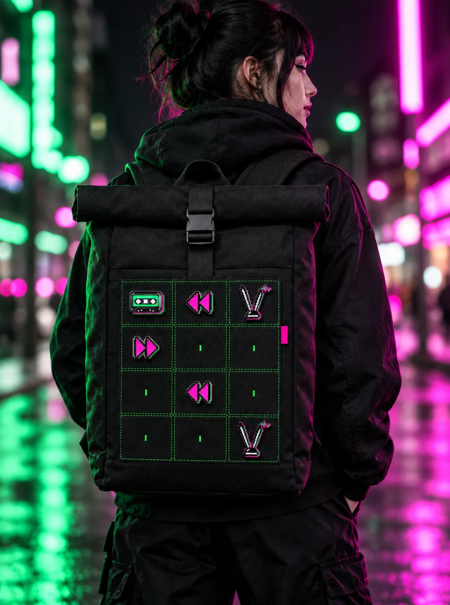Roll-top Grid Backpack worn or in use