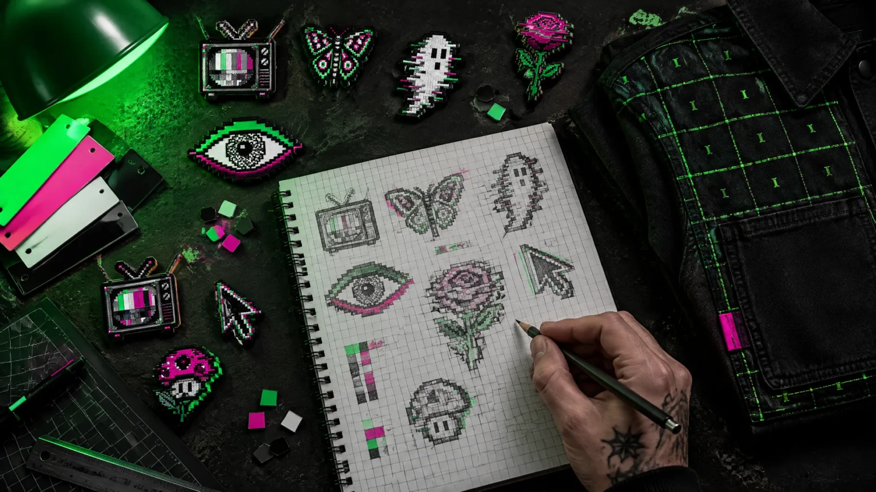 Pixel sketches on graph paper, enamel colour chips, pins and patches on a workbench